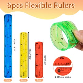 Flexible Ruler Set, 6 Pcs Plastic Flexible Rulers, 12/8/6 Inch Transparent Colorful Rulers, Shatterproof Bendy Rulers With Rounded Edges, Flexible Rulers For School Office(Bu/Gn/Rose/Ye/Gy/Rd)
