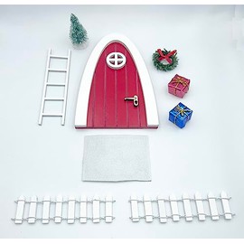 INEWTECK Red Wooden Miniature Fairy Door Christmas Décor, Total of 9 Fairy Doll House Accessories