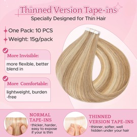 SEGO Pro Tape in Hair Extensions Real Human Hair - 10 Pcs 15g Thin Lightweight Straight Tape Extensions for Women, 12 Inch (Golden Brown mix Bleach Blonde)