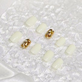 Nailsclupt Press On Nails - Square Pristine White Base with 3D Gold Crystal Design Fake Nails | Salon Quality | 24 Nail Kit - 12 Sizes with 48 Jelly Tabs | Reusable Durable Easy-Removal False