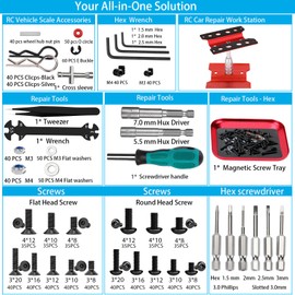 RC Car Repair Work Stand, 1100pcs RC Screw Kit and Vehicle Scale Accessories for Traxxas Axial Redcat Arrma HPI HSP SCX10 RC4WD 1/8 1/10 1/12 1/16 Scale RC Crawler Truck Buggy Car