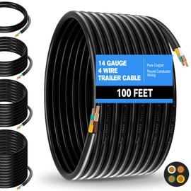 Gubrdfrsod 14 Gauge 4 Wire Cable 100 FT 4 Conductor Trailer Wire Pure Brass Round Electrical Wire Insulated Stranded IP68 Waterproof Trailer Wiring Kit for Car, Solar, RV, Marine, Trailer Lights