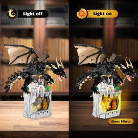 Funeed Dragon & Treasure Building Blocks Set - 2328 PCS Black Dragon and Medieval Castle Model Building Kits with LED Lights, Fantasy Dragon Gift for Adults and Teen