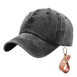 1 Piece Wash Baseball Cap and 1 Piece Hat Clip, Sun Protection Baseball Cap, Travel Leather Cap Clip, Outdoor Backpack Hook. Black