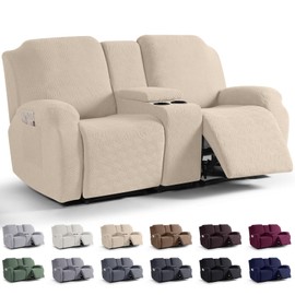 KinCam Loveseat Recliner Covers with Middle Console Slipcover, Recliner Sofa Covers 2 Seat Couch Cover Stripe Jacquard Furniture Protector Covers with Elastic Bottom for Kids, Pets (Vanilla)