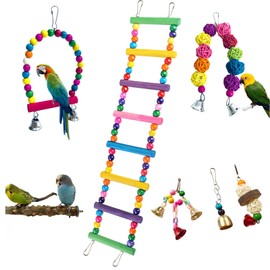 7pcs Bird Ladder Toys with Chewing, Swing,Rattan Bell Ball,Multi-Functional Cage Hanging Chewable Toy for Parrots, Conures, Cockatiels Durable Safe Chewing Stand for Parakeets, Lovebirds, Budgies