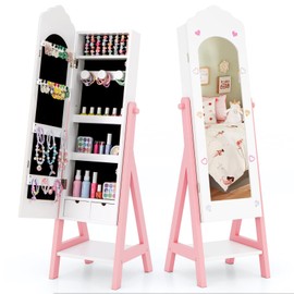 HONEY JOY Kids Jewelry Armoire Cabinet, Wooden Free Standing Jewelry Organizer w/Full-length Mirror and Storage Drawers, Storage Shelves, Children Dress Up Jewelry Cabinet for Little Girls (White)