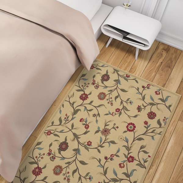 Machine Washable Floral Leaves Design Non-Slip Rubberback 3x5 Traditional Area Rug for Living Room, Bedroom, Kitchen, 3'3" x 5', Beige