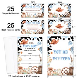 GOODBANER Western Cowboy Baby Shower Invitations for Boy, Baby Shower Invites with Envelopes, Set of 25 Gender Reveal Invites Cards with Envelopes & Book Request Cards & Diaper Raffle Tickets -06