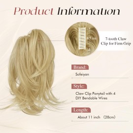 SOFEIYAN Claw Clip Short Ponytail Extension DIY Bendable Wires Hair Bun Fluffy Fake Hair Piece Straight Synthetic Hair Ponytail Extensions for Wonen - Ash Blonde with Light Golden Highlights