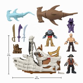Imaginext - La Nave Di Billy Bones, nave giocattolo con mani scheletriche e lanciatore, il set include 3 personaggi, 2 creature marine e 7 accessori a tema, JLC51