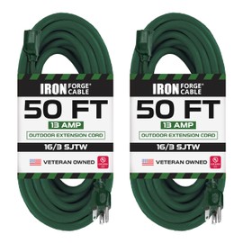Iron Forge Cable Weatherproof Outdoor Extension Cord 50 ft, 2 Pack, 16/3 SJTW Heavy Duty Green Extension Cord 3 Prong, 13 AMP Weatherproof Exterior Power Cable for Outside, Landscaping & Lawn