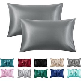 Luxury Satin Pillowcase with Zipper, Standard Size, Black (Silky Satin Pillow Case for Hair) (Grey, Queen(20by30inch))