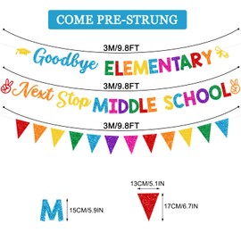 JKQ Colorful Glittery Goodbye Elementary Next Stop Middle School Banner and Glittery Pennant Banner 5TH Grade Graduation Decor Class of 2025 Elementary Grad Party Fireplace Mantle Decorations