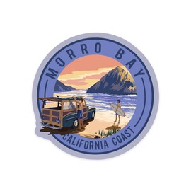Die Cut Sticker Morro Bay, California, Woody and Surfers on The Beach, Contour Vinyl Sticker 3 to 6 inches, (Waterproof Decal for Cars, Water Bottles, Laptops, Coolers), Large