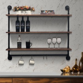 OLDRAINBOW Industrial Pipe Shelving Pine Shelf,Pipe Shelves with Wood Planks,Wall Mounted Bookshelf,Floating Bar Shelves(3 Tier 48In)