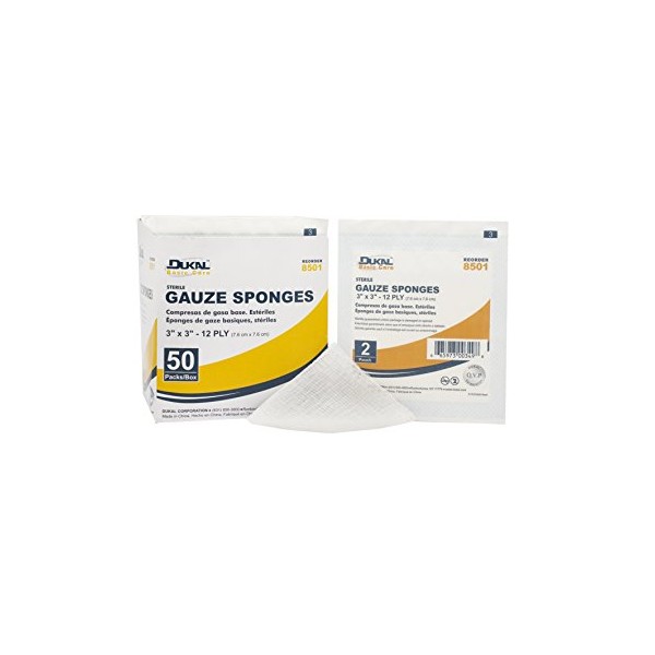 Dukal Gauze Sponge, Basic, 12-Ply, Sterile, 3" x 3" (Pack
