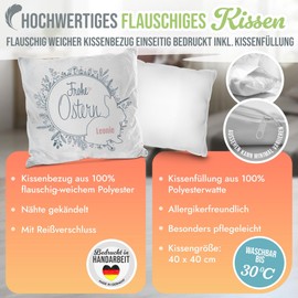 PR Print Royal Flauschiges Osterkissen mit Name selbst gestalten - Frohe Ostern - Osterkranz mit Hasen Kontur, Personalisiertes Ostergeschenk - Dekokissen 40 x 40 cm, mit Kissenfüllung, Weiß