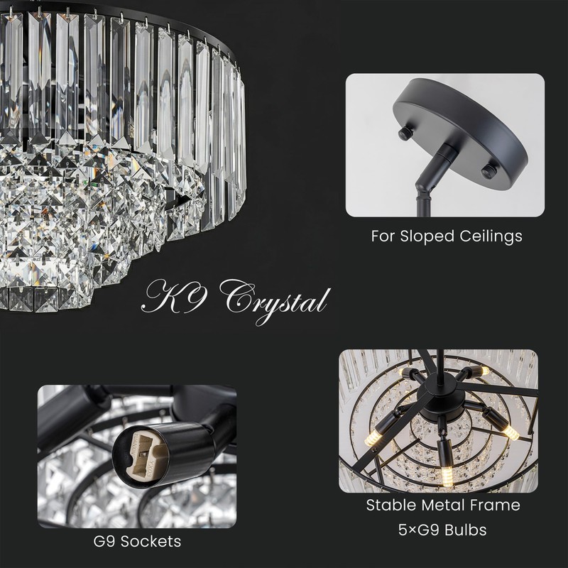 Helitemis Modern Tiered Crystal Chandelier, Black Modern Pendant Light with