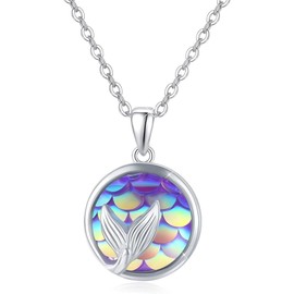JFASHOP Moonstone Necklace 925 Sterling Silver Rainbow Moonstone Mermaid Pendant Chain for Girls Moonstone Jewellery Mother's Day Gifts for Women Children, Sterling Silver, Moonstone