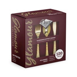 Decorline-120-Piece Value Pack Luxe Heavy Weight Reusable Plastic Cutlery Made of Plastic, PS Metallised, Glamour Collection - Gold