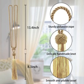 Pretty Jolly Long Tassels Curtain Tiebacks Handmade Braided Rope Knot Draped Tiebacks Elegant Decorative Curtain Holdbacks for Home and Office Gold Pack of 4