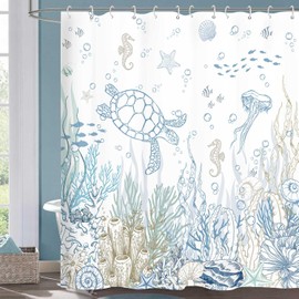 Nautical Coastal Turtle Shower Curtain Set, Beach Coral Starfish Seashell Ocean Themed Fabric Bathroom Decorative, Seahorse Starfish Seashell Decor Accessories with Hooks 72X72 Inch, Blue Teal