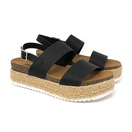 Soda Kazoo Women's Open Toe Ankle Strap Espadrille Sandal (7 M US, Black K)