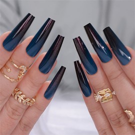 Gradient Color Long Coffin Press On False Nails Medium Length Full Cover Acrylic Fake Nails Ballerina Nails for Women Lady French Style Summer Fashion Nails for Nail Salons and Home DIY Nail Art 24PCS (LF550 Dark Blue)