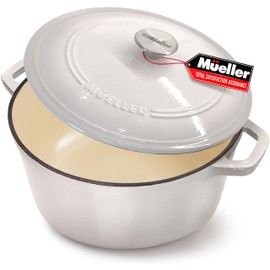Mueller 6qt Enameled Cast Iron Dutch Oven, Heavy-Duty Casserole and Braiser Pan with Lid and Knob, Oven-Safe up to 500° F & Across All Cooktops, White