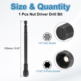 sourcing map Hex Nut Driver Drill Bit 11/32" 6-Point Socket 1/4" Hex Shank Magnetic Setter CR-V Steel Bolt Sockets for Power Drills Impact Drivers, 5.91" (150mm) Long