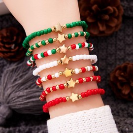 Pingyongchang Christmas Stackable Beaded Holiday Bracelets Set for Women Colorful Elastic Layering Stretch Bohemian Friendship Festive Favors Decor Accessories Birthday Gifts-C