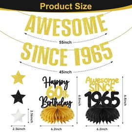 Zirtorei 60th Birthday Decorations Awesome Since 1965 Gold Glitter Banner for Men Women, 4Pcs Black Gold Happy 60 Birthday Hanging Sign Party Supplies, Sixty Year Old Bday Table Honeycomb Centerpieces