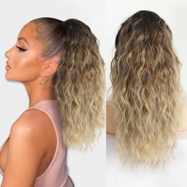 ALXNAN Claw Clip Ponytail,18 Inch Ombre Brown Mix Blonde Ponytail Extension for Women Synthetic Long Curly Wavy Clip in Ponytail Hair Extensions Synthetic Hairpiece for Daily Party Use