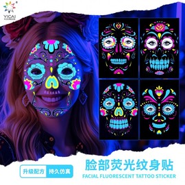 Halloween Makeup International New Fluorescent Grotesque Dead Skull Face Tattoo Sticker for Makeup Party 150*210mm 7G Piece/Skull Yg-160 15ea