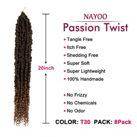 NAYOO Passion Twist Hair - 8 Packs 20 Inch Passion Twist Crochet Hair For Women, Crochet Pretwisted Curly Hair Passion Twists Synthetic Braiding Hair Extensions (20 Inch 8 Packs, T30)