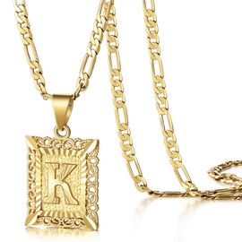 KissYan Initial Letter Pendant Necklace for Men Womens, 14K Gold Plated Square Capital Monogram Necklace Silver Alhpabets from A-Z Figaro Chain Necklace(003K)