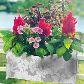 Alux Oilcloth Railing Planter - Rail Planters for Outdoor Plants - Colorful Hanging Pocket Planters - Easy to Clean, Collapsible, Balcony, Deck, Porch, Patio Rail Flower Planter (FlowersSilver)