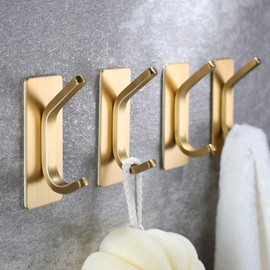 Taozun 4-Pack Adhesive Hooks - Brushed Gold Towel Hooks, Stainless Steel Wall Hooks Holder for Hanging Robe Sponges in Bathroom and Bedroom