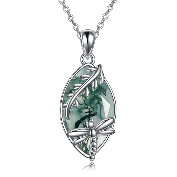 VONALA Dragonfly Necklace Sterling Silver Dragonfly Moss Agate Necklace Dragonfly