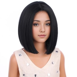 PATTNIUM Kids Black Bob Wig Black Bob Wig for Child Short Straight Bob Wig for Girls Cosplay Party Daily Wear Heat Resistant Synthetic Wig (Black)
