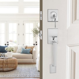 Haidms Brushed Nickel Front Door Handle and Deadbolt Set, Entry Door Handle and Deadbolt with Reversible Handle Lever,Front Door Lock Set, Exterior Door Handles and Locks
