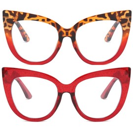 mincl Cat Eye Reading Glasses for Women,Retro Red Frame 2pack Computer Readers, Oversized Blue light Blocking Eyeglasses, (2pcs-red&leopard, 2.0, multiplier_x)