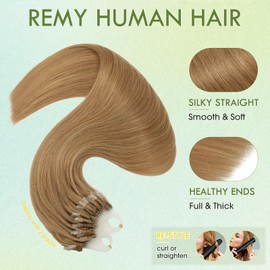 Hairro Micro Ring Hair Extensions Micro Link Human Hair Micro Beads Remy Hair Micro Loop Pre Bonded Cold Fusion I Tip Fish Line Blonde Hairpiece For Women 18 inch 50g 100 Strands #27 Dark Blonde