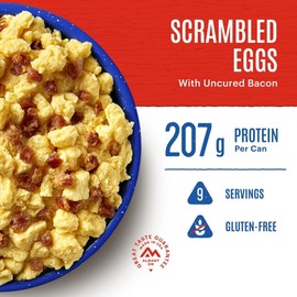 Mountain House Gluten-Free Scrambled Eggs with Uncured Bacon Freeze-Dried Food for Camping, 9 Servings, 30-Year Shelf-Life