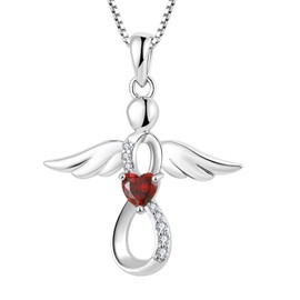 FJ Angel Necklace, Guardian Angel Pendant Necklace, 925 Sterling Silver, Heart Birthstone, Zirconia, Jewellery Gifts for Women/Girls
