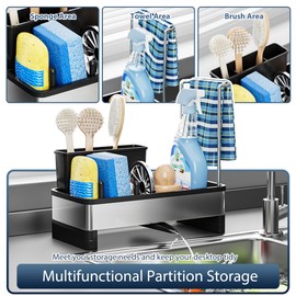 Volminex Stainless Steel Sink Organiser, Kitchen Sink Organiser with Drain Pan, Sponge Holder Kitchen for Brush and Soap, Utensils Basket with Towel Holder for Kitchen and Bathroom (Black)