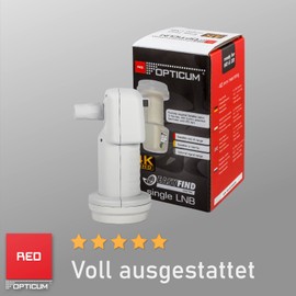 RED OPTICUM Easyfind LNB Single, Heat and Cold-Resistant Digital LNB 1-Way with Integrated Satellite Finder LED Including Weather Protection Sleeve, Full HD, 3D, UHD, 4K Ready, Satellite LNB for 1