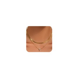 KLSURPRISE2 Bubble Letter Necklace for Women – Gold Zircon Initial Necklaces 18k Dainty Gold Plated Non-Tarnish Herringbone Layered Necklaces Hypoallergenic Gift (Gold T)
