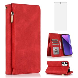 Compatible with Xiaomi Redmi Note 13 Pro Plus 5G (Pro+) Wallet Case Tempered Glass Screen Protector Zipper Retro Leather Flip Cover Card Holder Stand Cell Accessories for Note13 13Pro+ Women Men Red